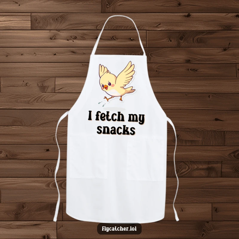 Funny apron graphic of a cute bird energetically swooping down, landing with a flourish, ready for kitchen action.