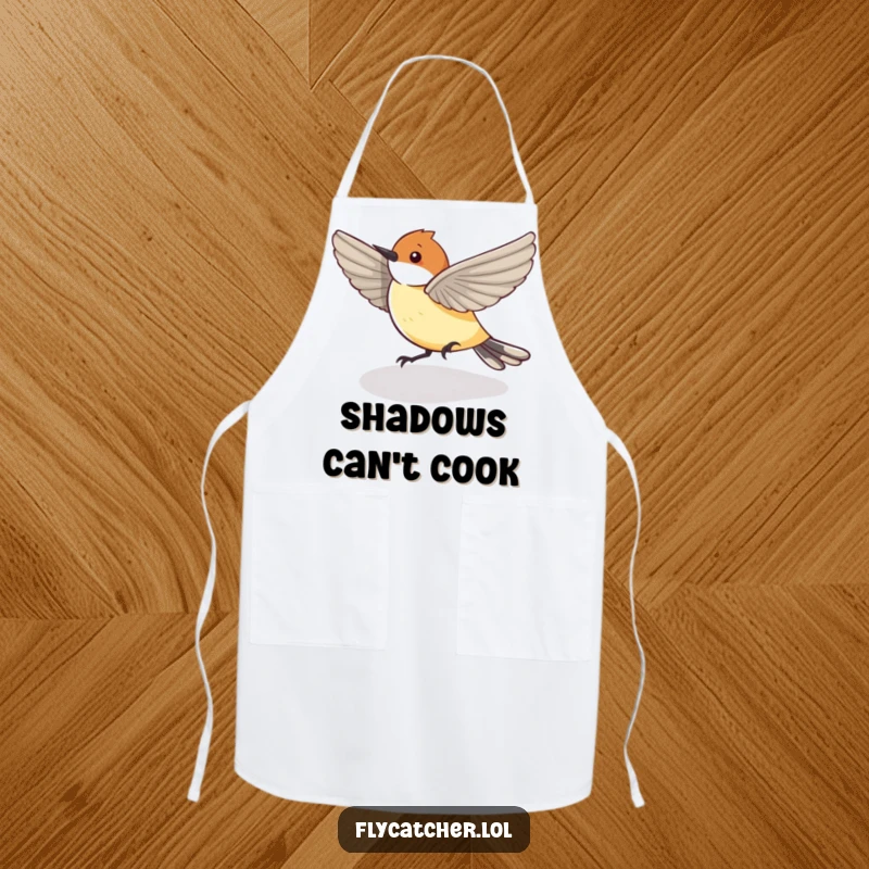 Funny Apron featuring a flycatcher bird playfully chasing its shadow, bringing a humorous and energetic vibe to cooking.