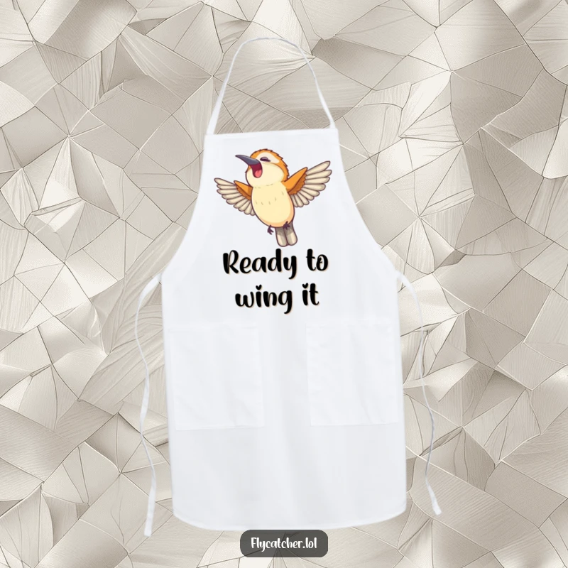 Funny apron showing a flycatcher bird stretching its wings and yawning happily, ideal for a cheerful kitchen.