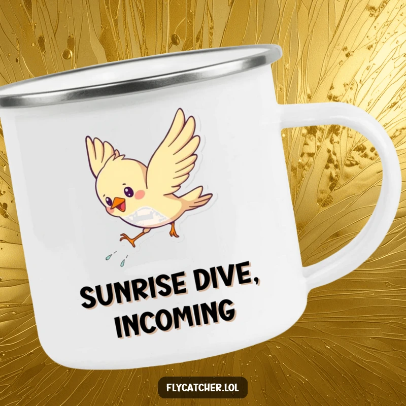 Funny camping mug with a cute bird energetically swooping down and landing with a flourish, perfect for outdoor brews.