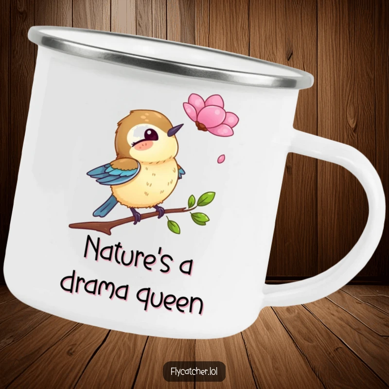 Funny camping mug showing a flycatcher bird comically surprised by a falling petal, great for outdoor coffee or tea.