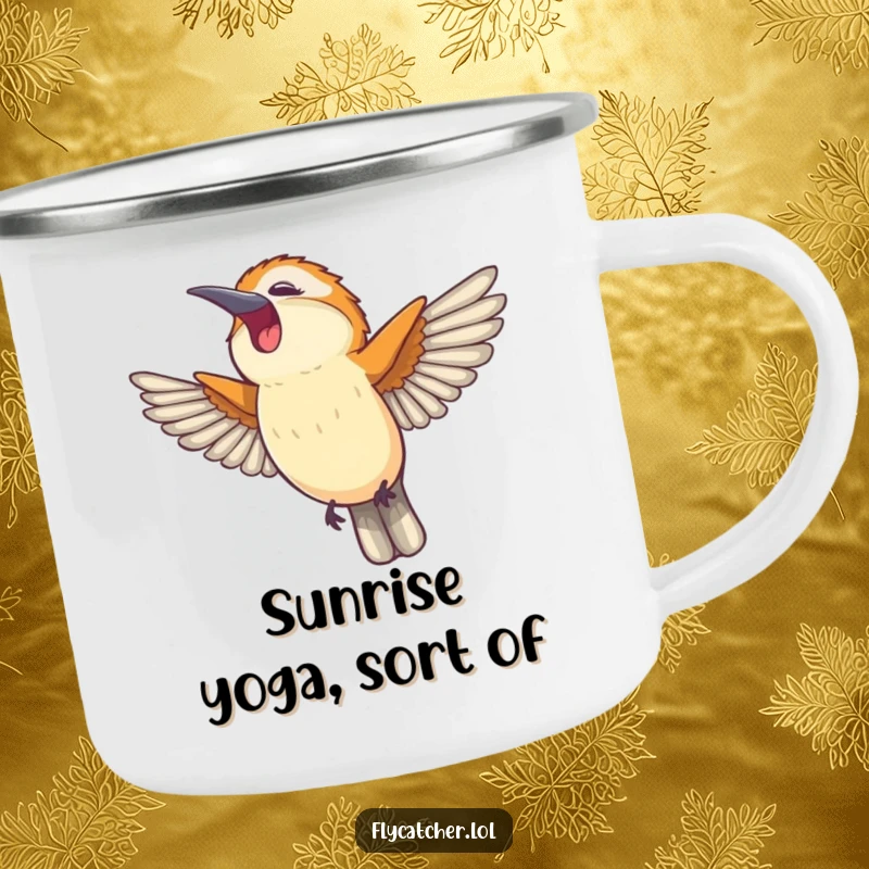 Funny camping mug showing a flycatcher bird stretching its wings and yawning happily, great for outdoor beverages.