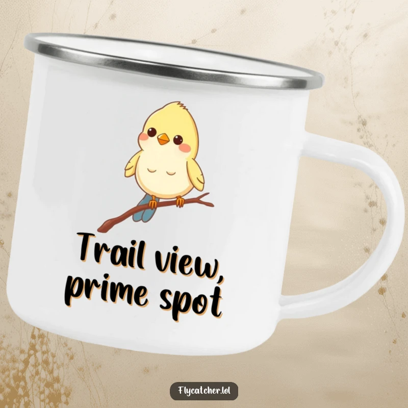 Funny camping mug with a cheerful bird balancing on a thin branch, peering intently, perfect for outdoor drinks.