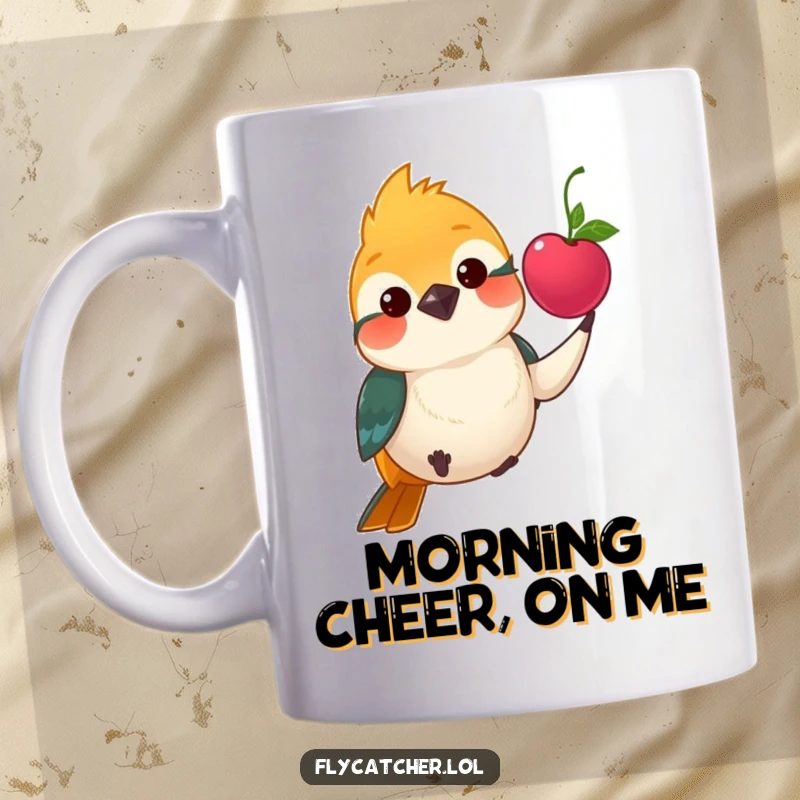 Funny mug depicting a polite flycatcher bird offering a vibrant red berry with a gentle nod.