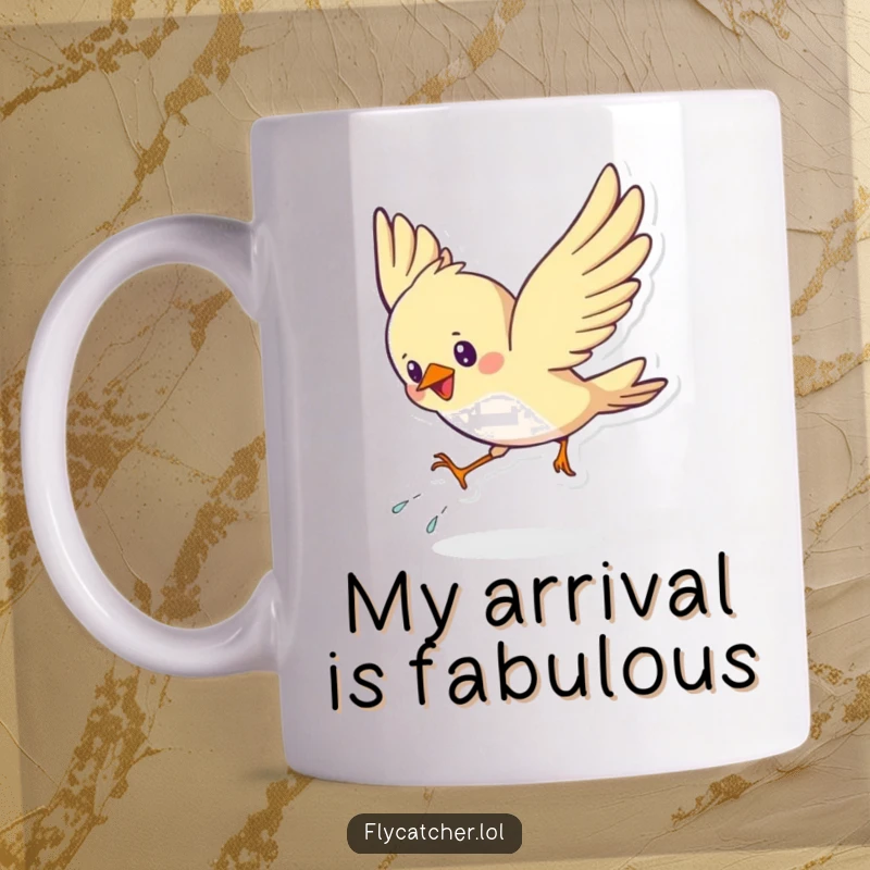 Funny mug showcasing a cute bird energetically swooping down and landing with a triumphant flourish, full of playful spirit.