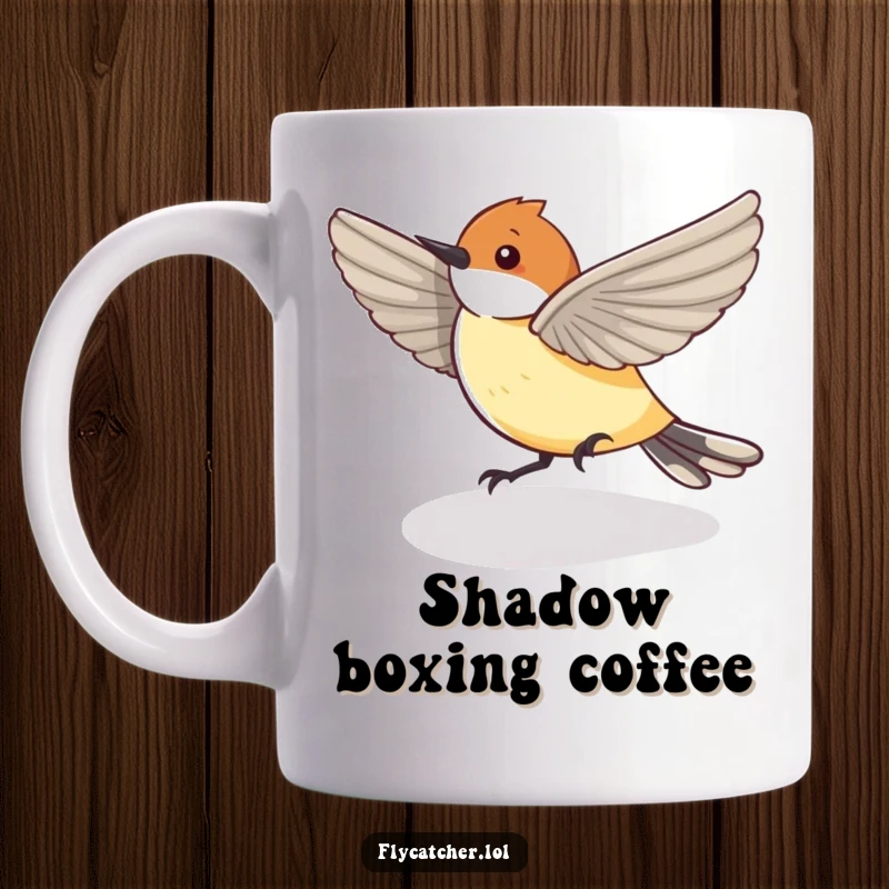 Funny Mug featuring a flycatcher bird humorously chasing its own shadow, showcasing its playful and energetic nature.