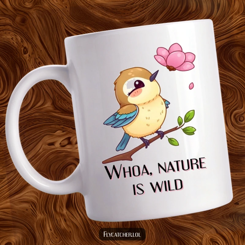 Funny mug featuring a surprised flycatcher bird reacting to a delicate falling petal, showcasing an adorable and humorous moment.