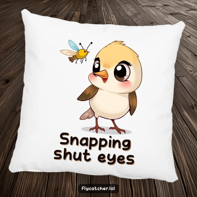Funny pillow with a small bird with large eyes playfully snapping its beak at a flying insect.