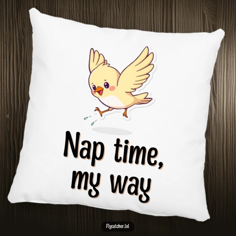 Funny pillow displaying a cute bird energetically swooping down, landing with a playful flourish, soft and comforting.