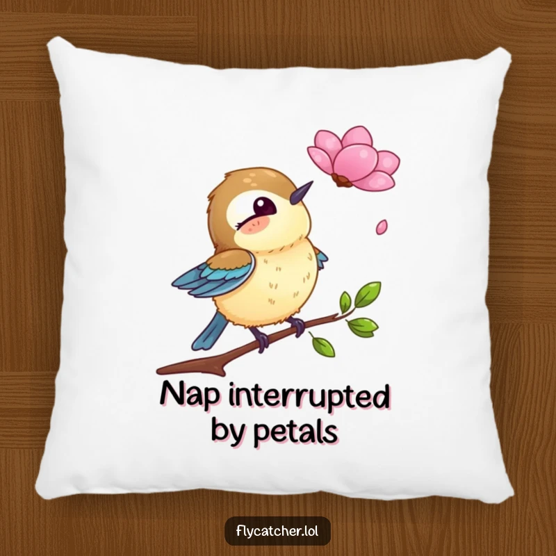 Funny pillow featuring a flycatcher bird with a comically surprised expression as a petal floats down, soft and huggable.