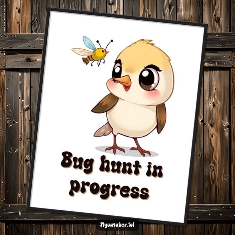 Funny digital art print of a small bird with large eyes playfully snapping its beak at a flying insect.