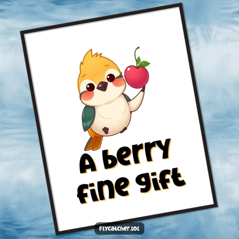 Funny digital art print of a polite flycatcher bird offering a bright berry with a gentle nod, adding charm to any room.