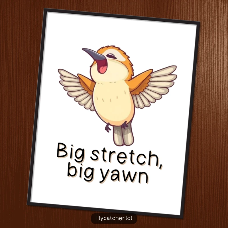 Funny digital art print of a flycatcher bird stretching its wings and yawning happily, adding cheerful vibes to any room.