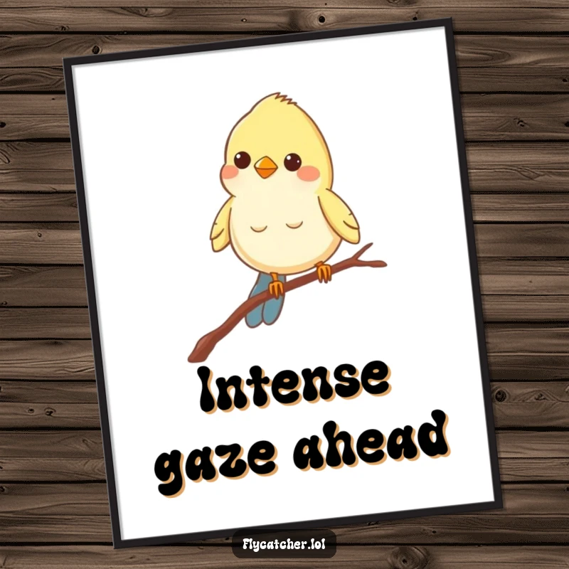 Funny digital art print of a cheerful bird balancing on a thin branch, peering intently with a look of focused curiosity.