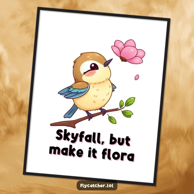 Funny digital art print of a flycatcher bird looking comically shocked as a petal drifts down, adding humor to any room.
