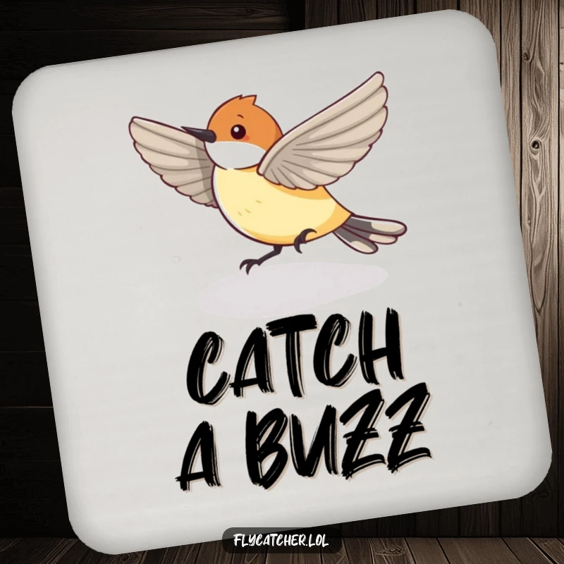 Funny Coaster showcasing a flycatcher bird playfully chasing its shadow, adding a humorous and quirky touch to any drink.