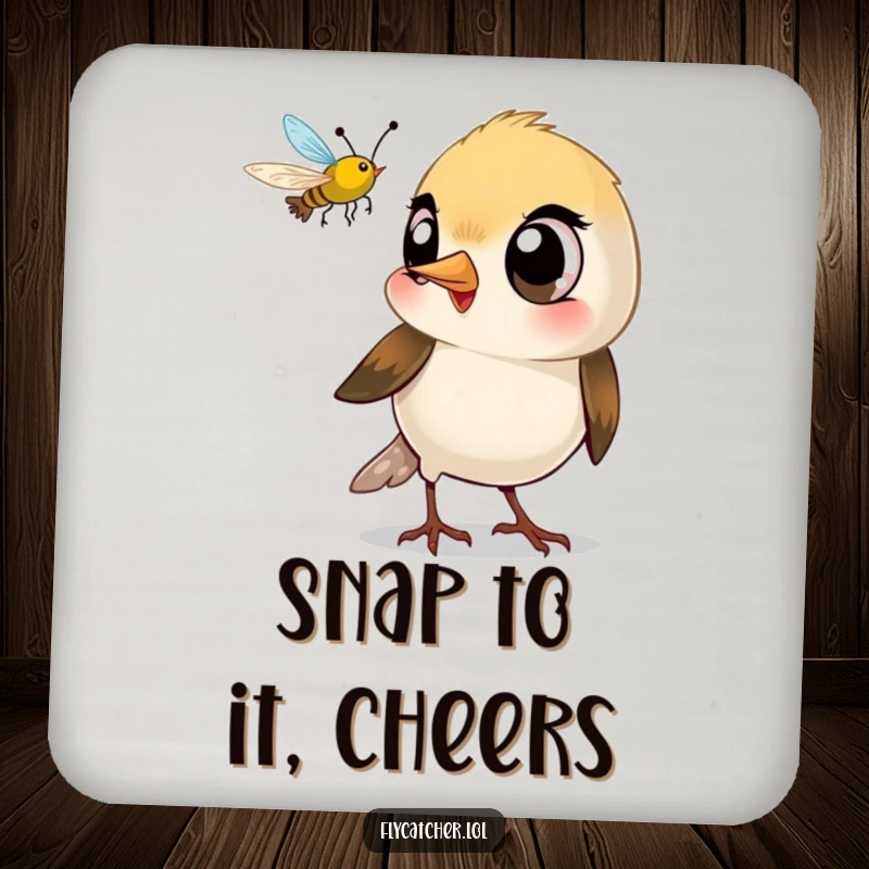 Funny drink coaster with a small bird with large eyes playfully snapping its beak at a flying insect.