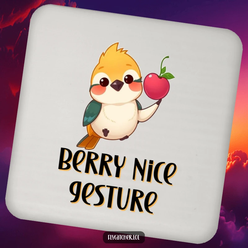 Funny coaster depicting a polite flycatcher bird offering a bright berry with a gentle nod, protecting your furniture.