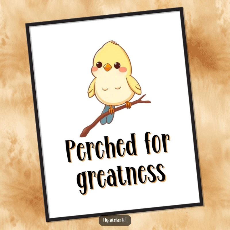 Funny poster art of a cheerful bird balancing on a thin branch, peering intently, capturing a moment of focused curiosity.