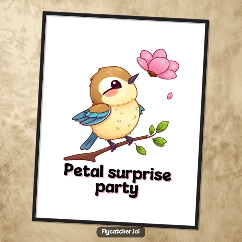 Funny poster showing a flycatcher bird in a moment of comical surprise at a single petal drifting down from above.