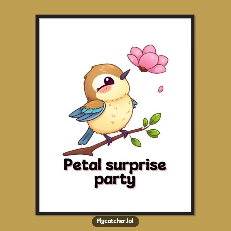 Funny Flycatcher Petal Surprise Poster - Whimsical Bird Art, Hilarious Funny Gift Decor
