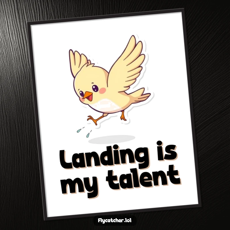 Funny poster of a cute bird energetically swooping down, landing with a grand flourish, capturing a moment of pure avian action.