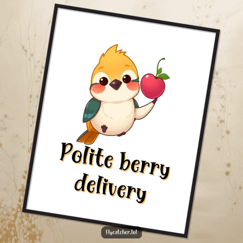 Funny poster showcasing a polite flycatcher bird offering a vibrant berry with a gentle, welcoming nod.