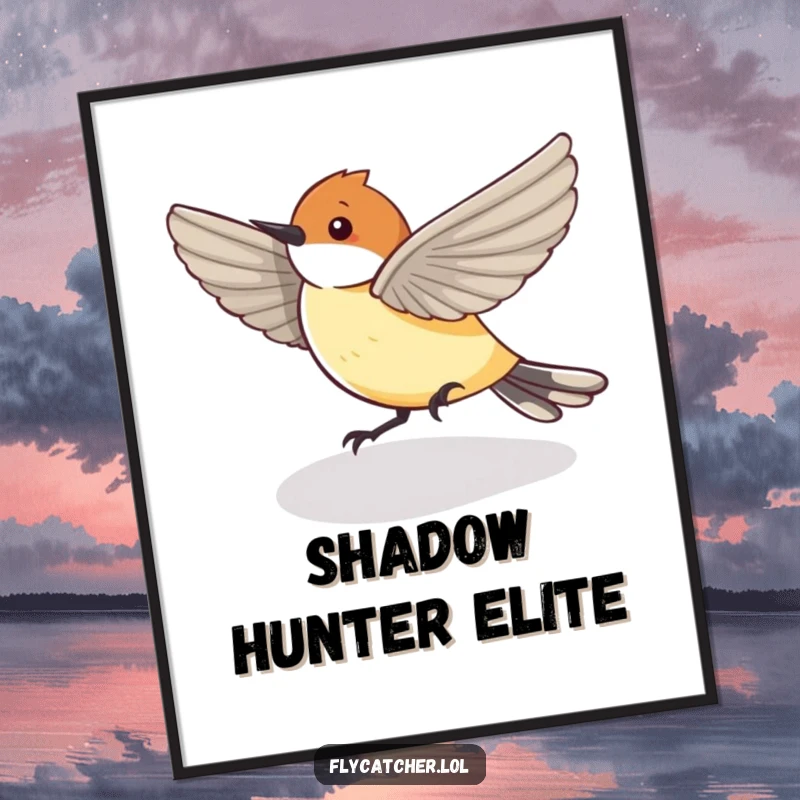 Funny Poster of a flycatcher bird humorously chasing its shadow, capturing a moment of pure, silly fun.