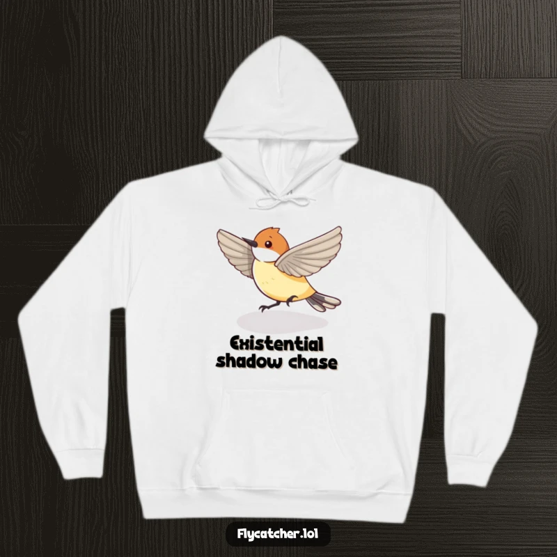 Funny Hoodie featuring a flycatcher bird humorously chasing its shadow, perfect for cozy moments of playful energy.