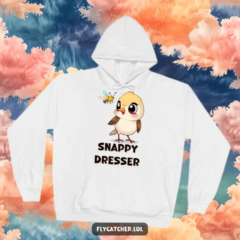 Funny hoodie featuring a small bird with large eyes playfully snapping its beak at a flying insect.