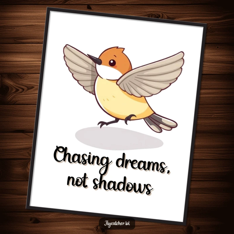 Funny Free Printable Wall Art: A flycatcher bird hilariously chasing its own shadow, creating a dynamic and amusing art piece.