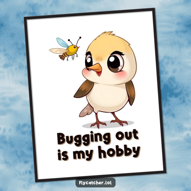 Funny Free Printable Wall Art: A small bird with large, expressive eyes playfully snapping its beak at a flying insect.