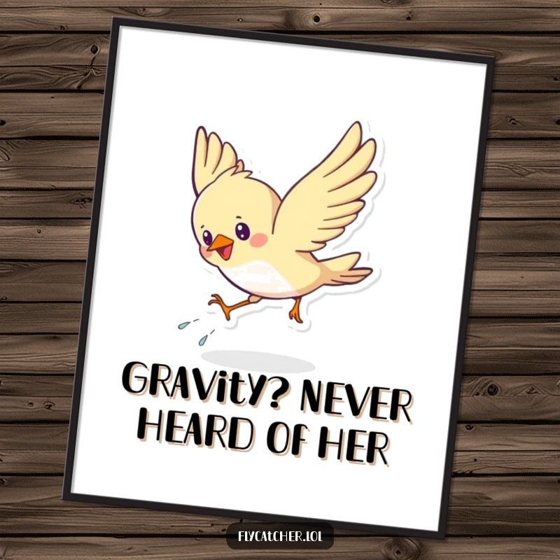 Funny Free Printable Bird Wall Art: A cute bird energetically swoops down in a hilarious landing, bringing quirky charm.