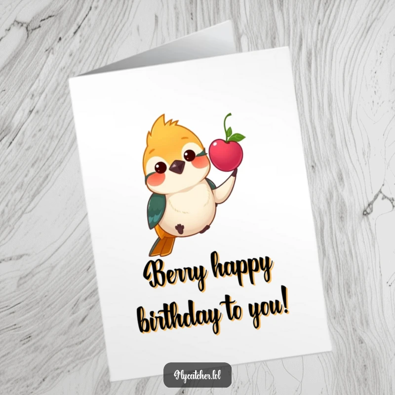 Funny Free Printable Birthday Card: Flycatcher politely offers a bright berry, a sweet and humorous wish.