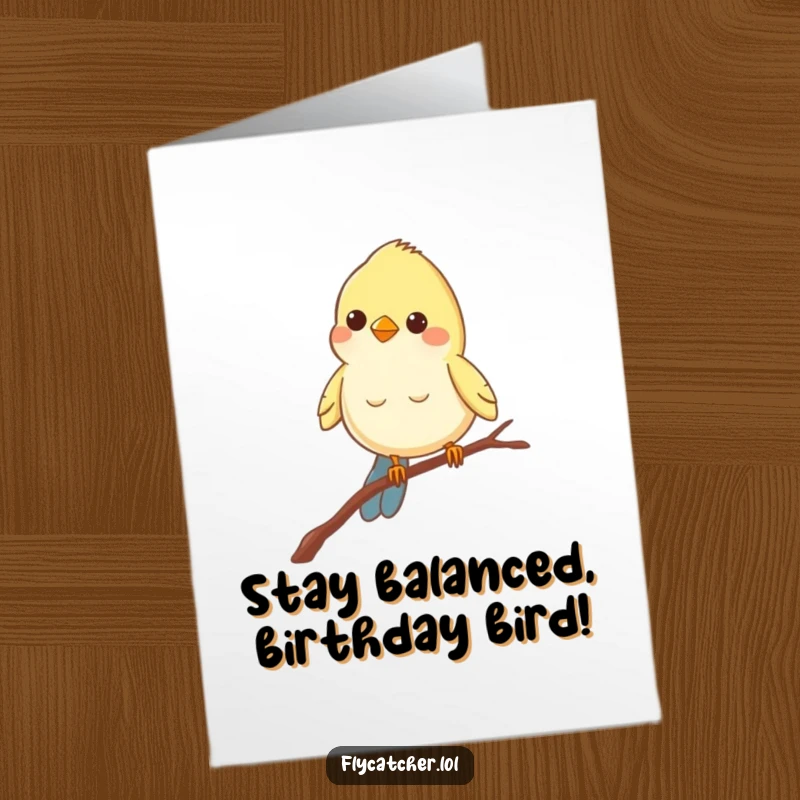 Funny Free Printable Bird Birthday Card: A cheerful bird balances on a thin branch, peering intently with curiosity.