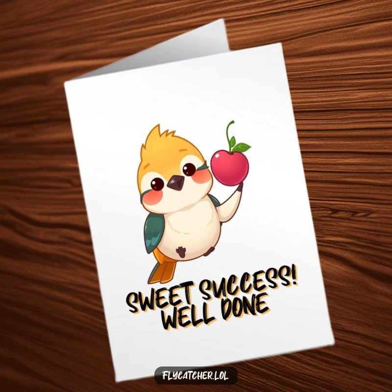 Funny Free Printable Congrats Card: Flycatcher politely offers a bright berry, celebrating success with a gift.