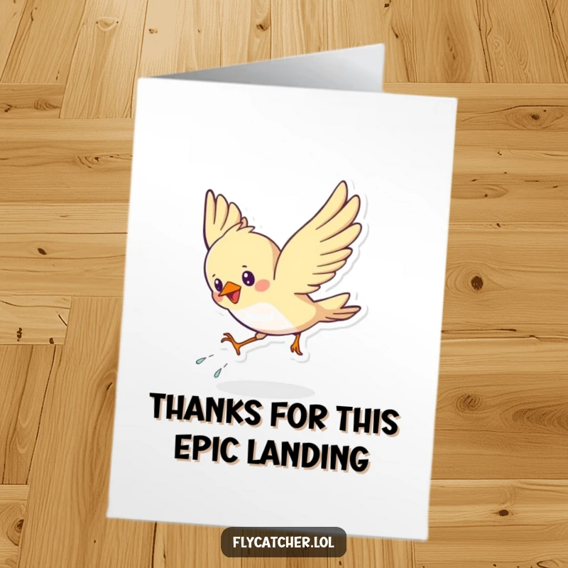 Funny Free Printable Bird Thank You Card: A cute bird energetically swoops down, landing with a flourish to say thanks.