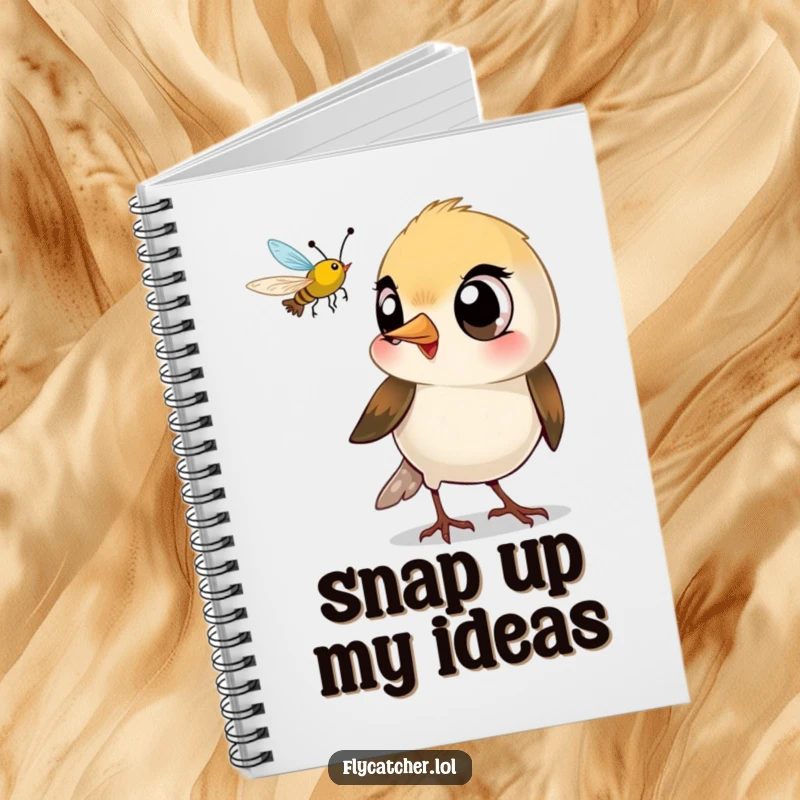 Funny notebook with a small bird with large eyes playfully snapping its beak at a flying insect.