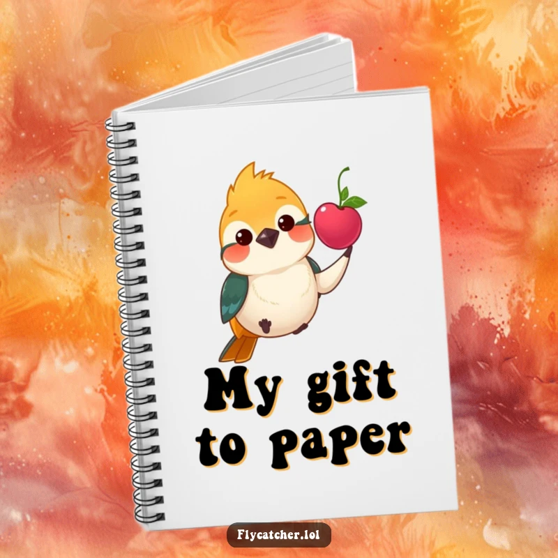 Funny notebook cover with a polite flycatcher bird offering a bright berry with a gentle nod, perfect for notes.