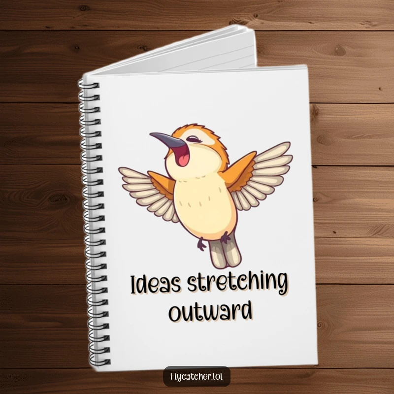 Funny notebook cover with a flycatcher bird stretching its wings and yawning happily, perfect for notes and ideas.