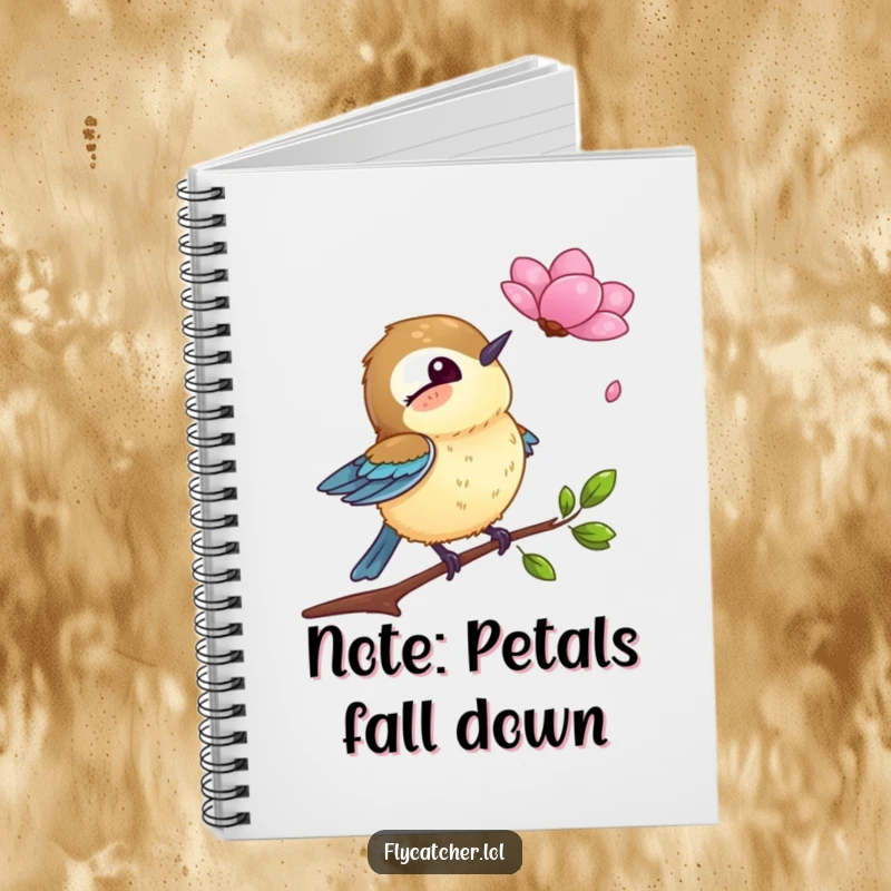 Funny notebook cover with a flycatcher bird comically surprised by a falling petal, perfect for notes and sketches.