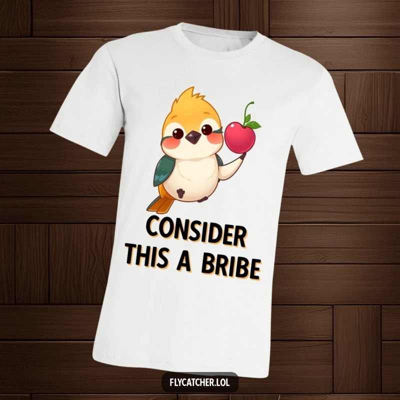 Funny t-shirt featuring a flycatcher bird politely offering a juicy berry with a charming nod.