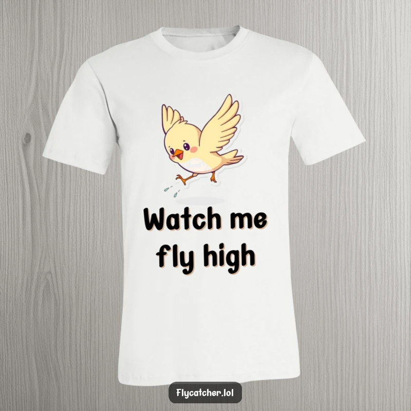 Funny t-shirt with a cute bird energetically swooping down and landing with a dramatic flourish, capturing movement and joy.