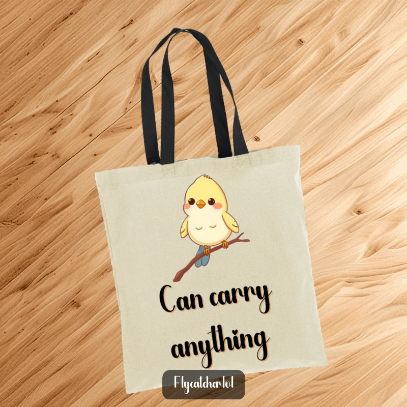 Funny tote bag with a cheerful bird balancing on a thin branch, peering intently, ready for an adventure.