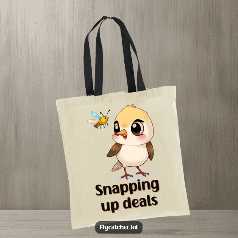 Funny tote bag with a small bird with large eyes playfully snapping its beak at a flying insect.
