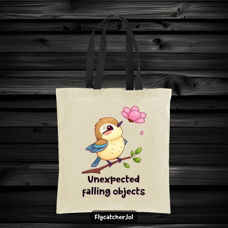 Funny tote bag illustrating a flycatcher bird comically astonished by a gently falling petal, great for everyday use.